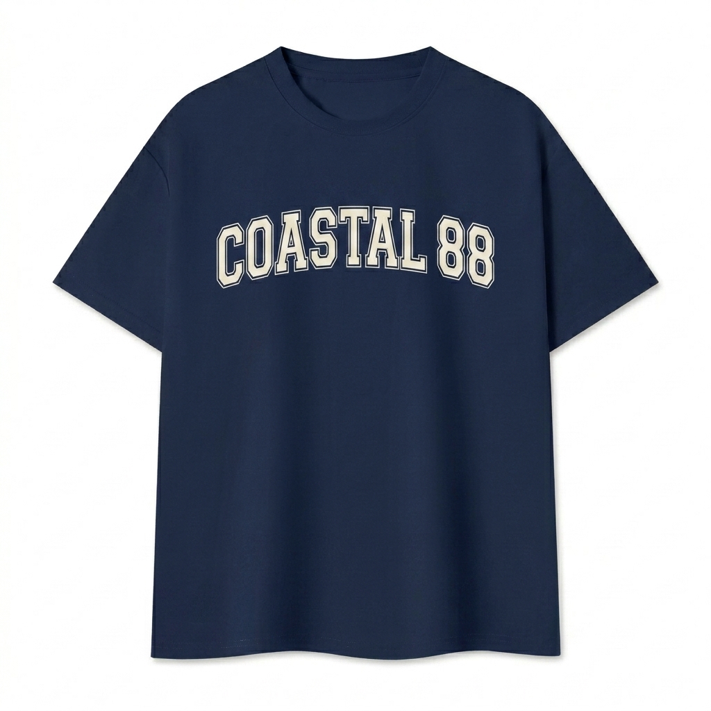Custom Unisex Quick-Dry Boxy T-Shirt design direction 3: Retro Collegiate Emblem featuring the COASTAL 88 wordmark