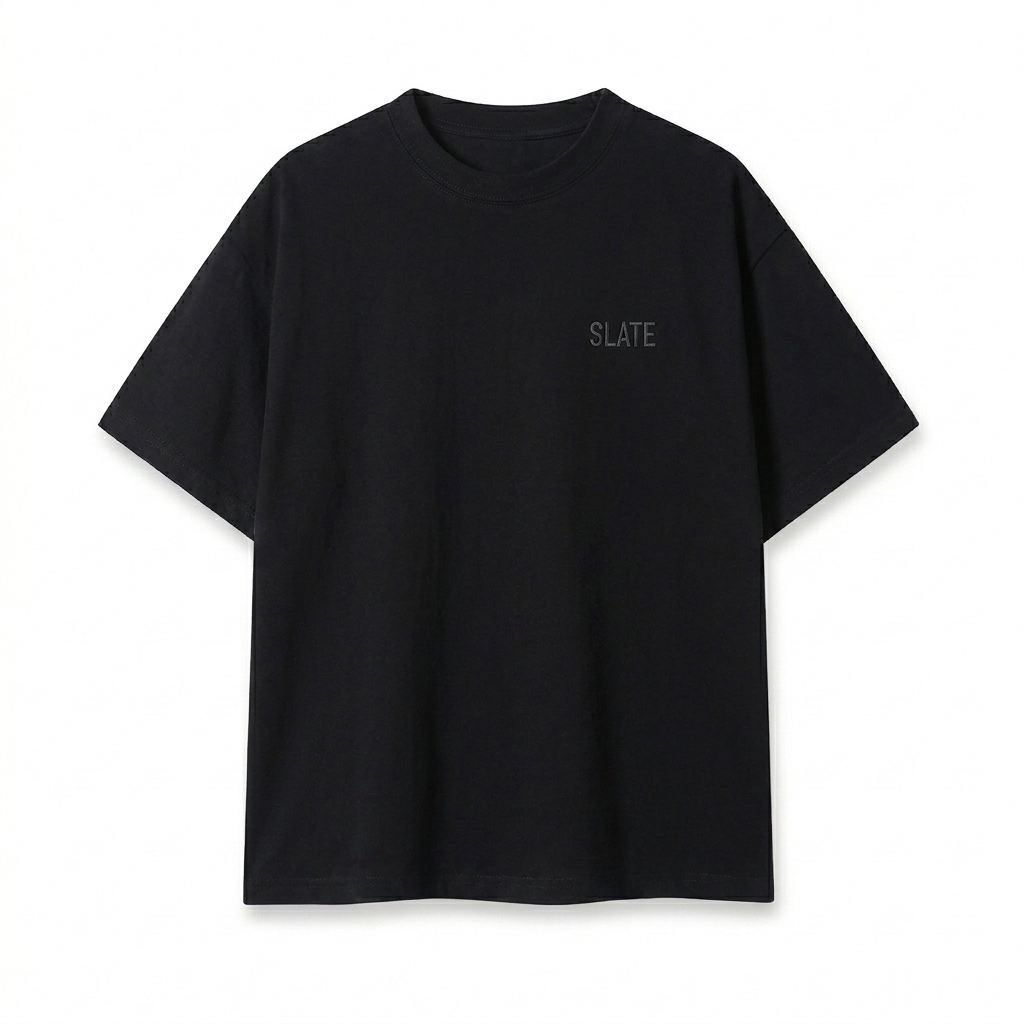 Custom Unisex Quick-Dry Relaxed Fit T-Shirt design direction 1: Tonal Left Chest Wordmark featuring the SLATE wordmark