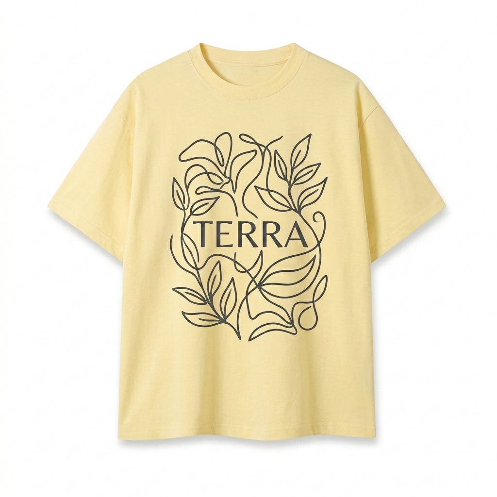 Custom Unisex Quick-Dry Relaxed Fit T-Shirt design direction 2: Abstract Botanical Graphic featuring the TERRA wordmark