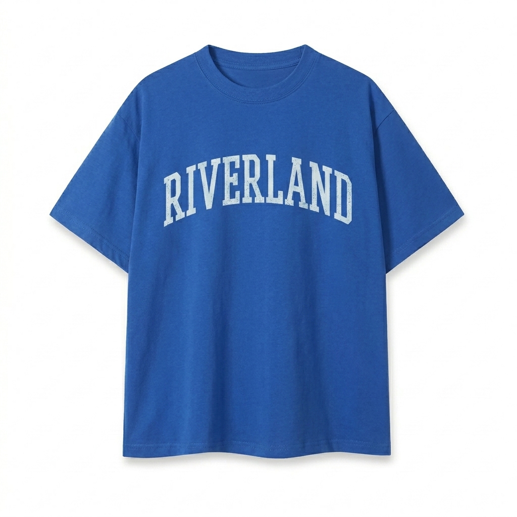Custom Unisex Quick-Dry Relaxed Fit T-Shirt design direction 3: Collegiate Arch Wordmark featuring the RIVERLAND wordmark
