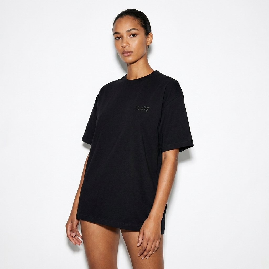 Unisex Quick-Dry Relaxed Fit T-Shirt worn by a lean Mixed-race female fashion influencer, workwear utility styling, studio lookbook — custom unisex quick-dry relaxed fit t-shirt