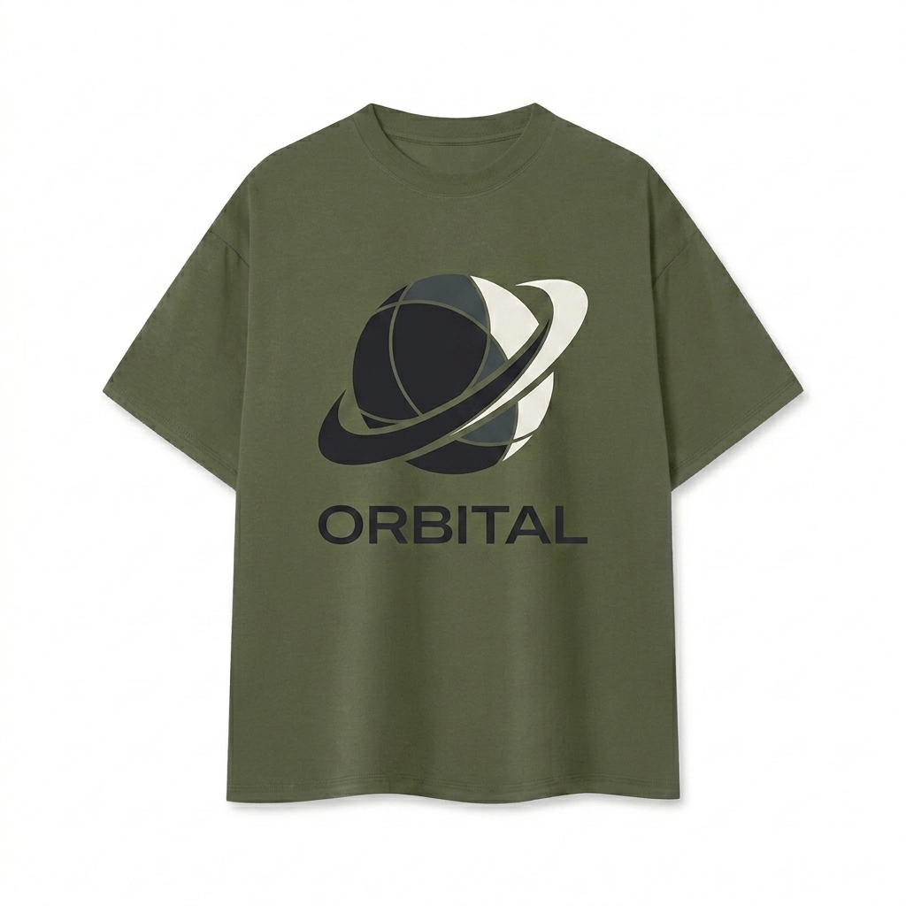 Custom Unisex Quick-Dry T-Shirt design direction 2: Bold Abstract Graphic featuring the ORBITAL wordmark