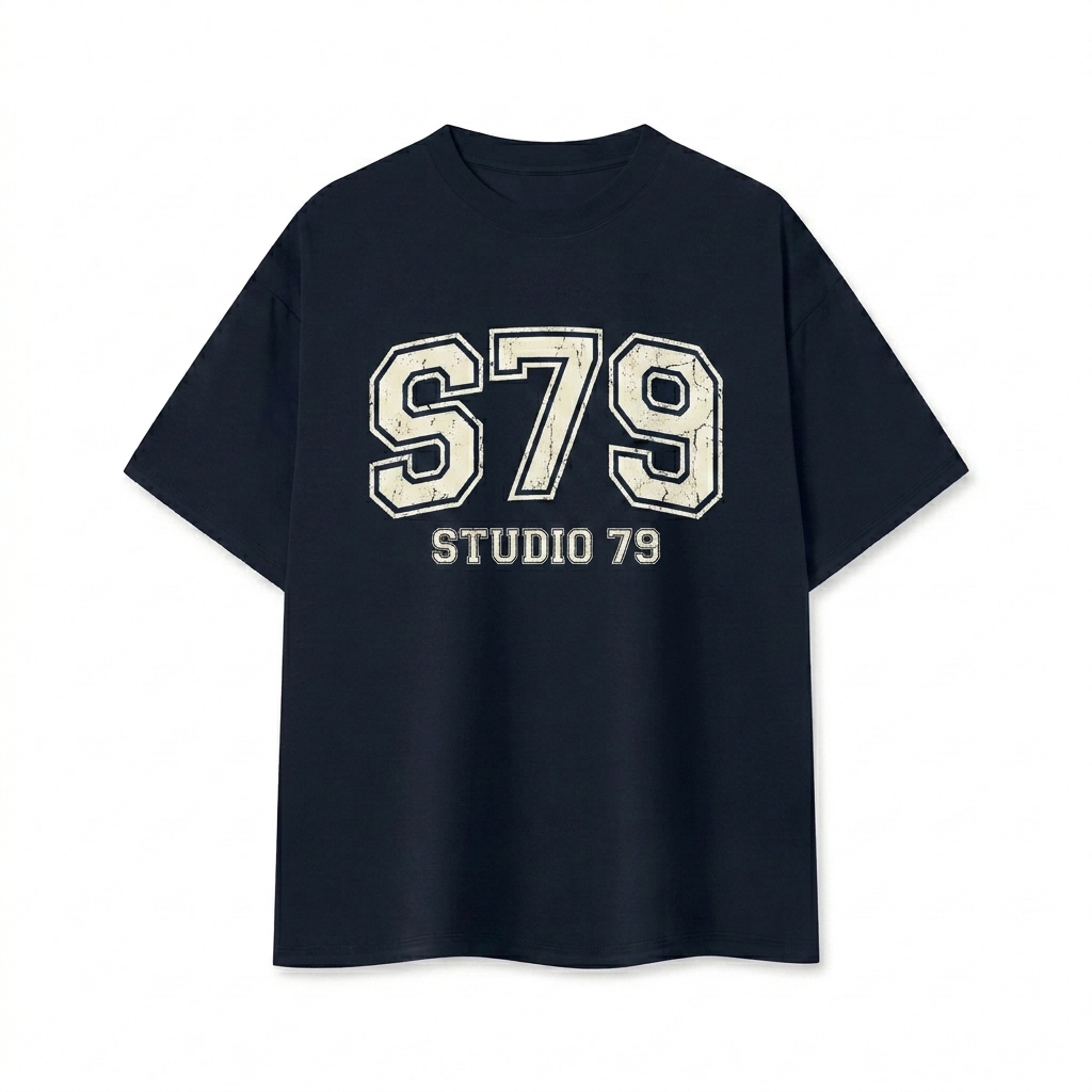 Custom Unisex Quick-Dry T-Shirt design direction 3: Varsity Lettering featuring the STUDIO 79 wordmark