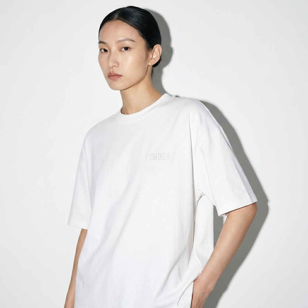 Unisex Quick-Dry T-Shirt worn by a lean Chinese female fashion influencer, editorial avant-garde styling, studio lookbook — custom unisex quick-dry t-shirt