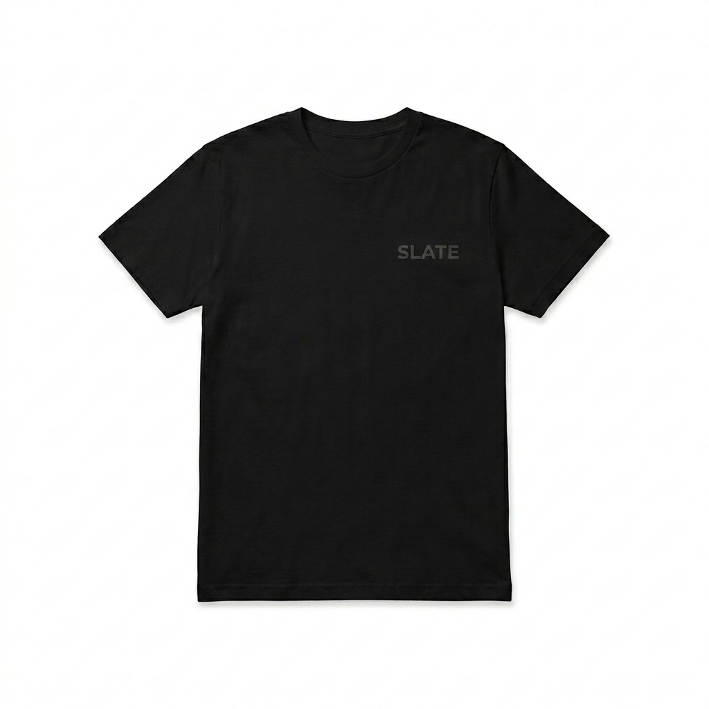 Custom Unisex Recycled T-Shirt design direction 1: Tonal Eco Wordmark featuring the SLATE wordmark