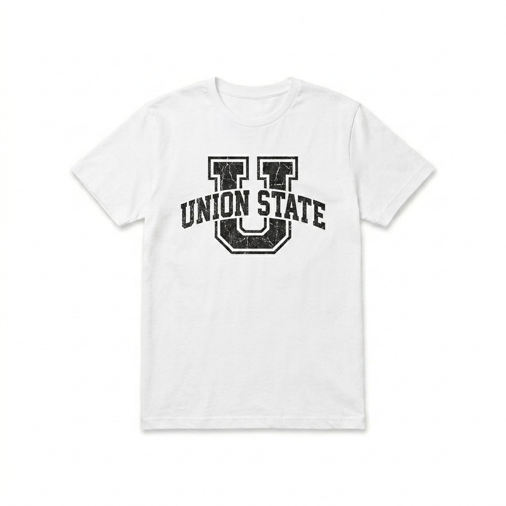 Custom Unisex Recycled T-Shirt design direction 3: Varsity Athletic Emblem featuring the UNION STATE wordmark