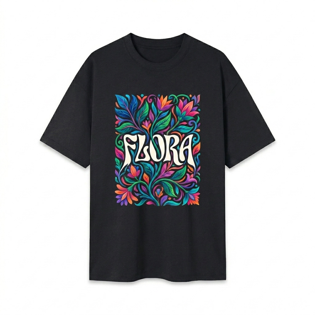 Custom Unisex Regular Fit T-Shirt design direction 2: Abstract Bloom featuring the FLORA wordmark