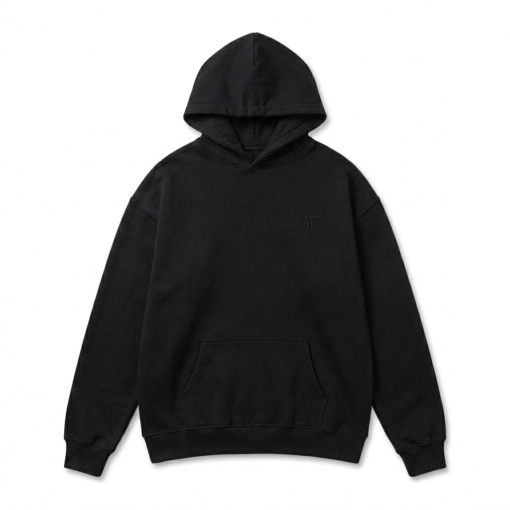 Custom Unisex Relaxed Fleece Hoodie design direction 1: Tonal Minimalist Wordmark featuring the SLATE wordmark