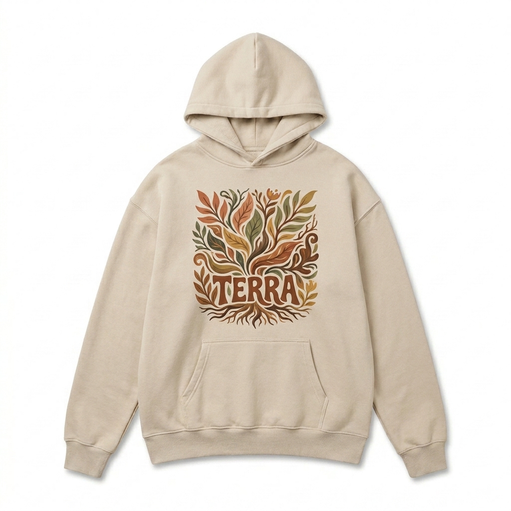 Custom Unisex Relaxed Fleece Hoodie design direction 2: Bold Graphic Illustration featuring the TERRA wordmark