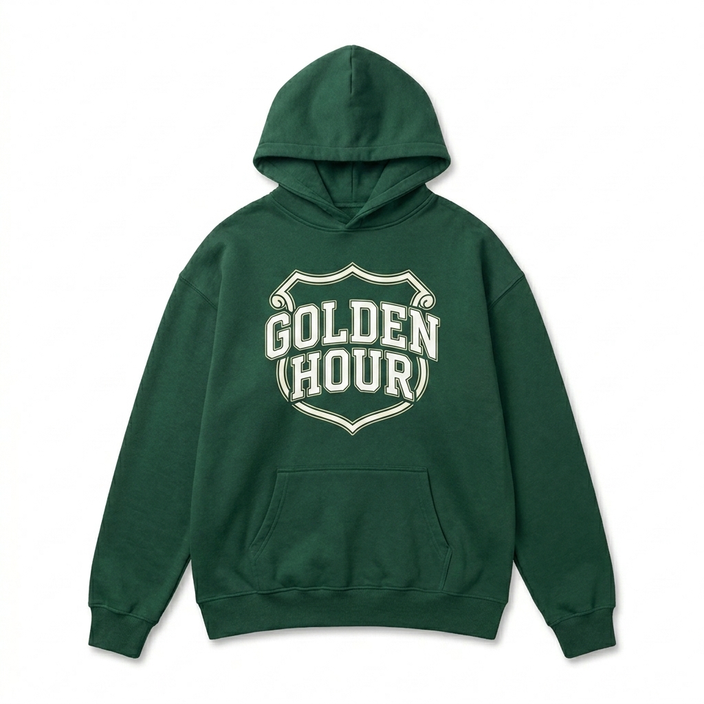 Custom Unisex Relaxed Fleece Hoodie design direction 3: Retro Collegiate Emblem featuring the GOLDEN HOUR wordmark
