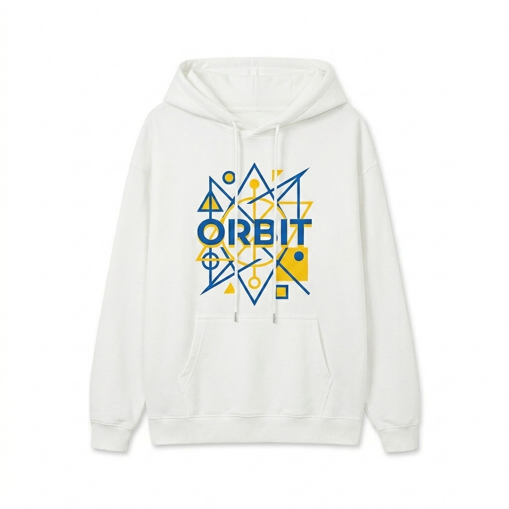 Custom Unisex Relaxed Pullover Hoodie design direction 2: Bold Abstract Graphic featuring the ORBIT wordmark
