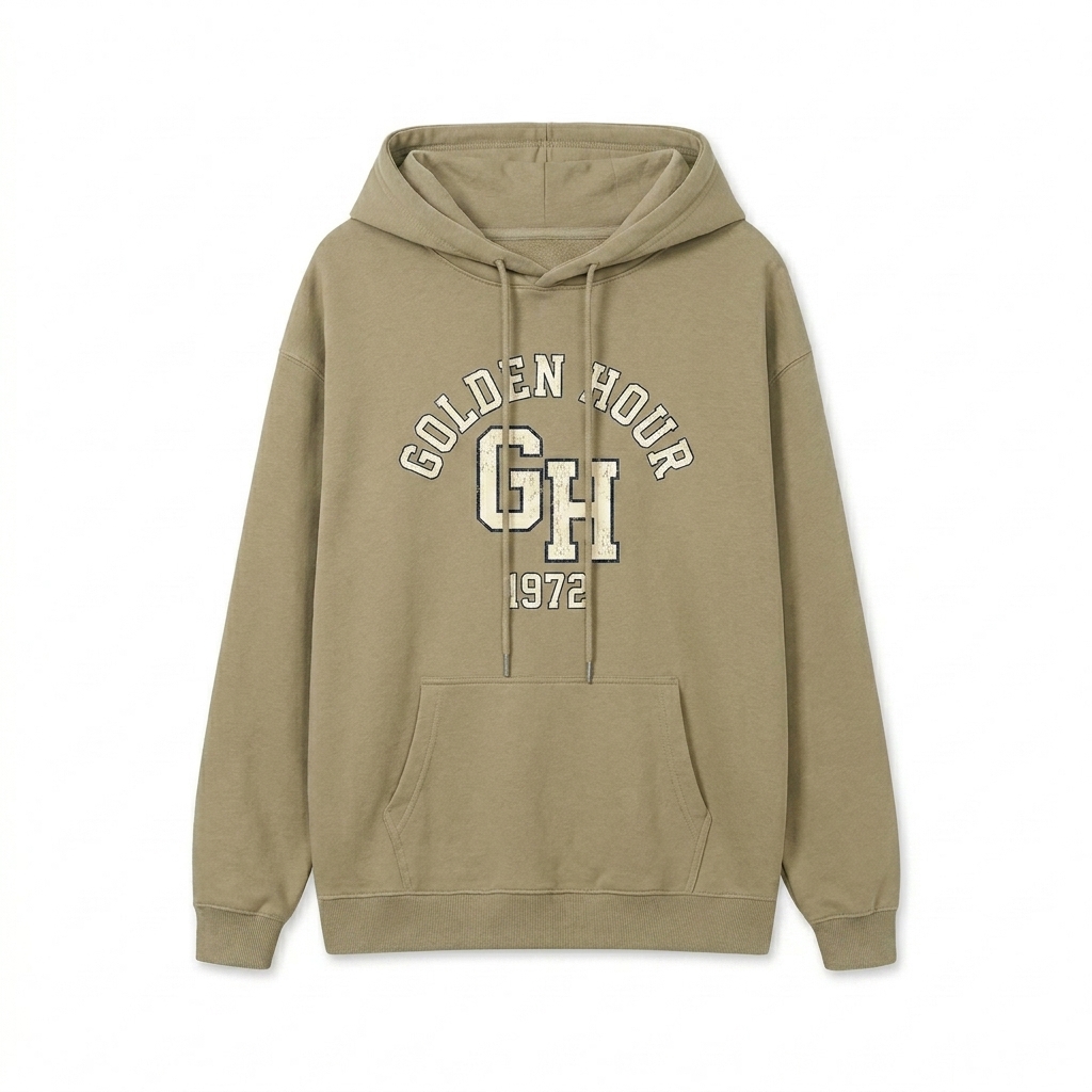 Custom Unisex Relaxed Pullover Hoodie design direction 3: Retro Collegiate Emblem featuring the GOLDEN HOUR wordmark