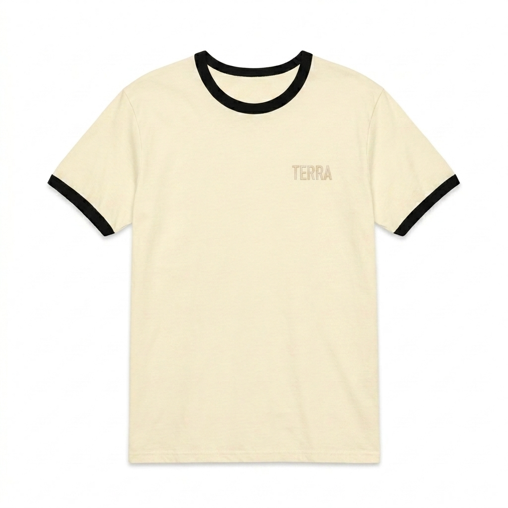 Custom Unisex Ringer T-Shirt design direction 1: Tonal Minimalist Wordmark featuring the TERRA wordmark
