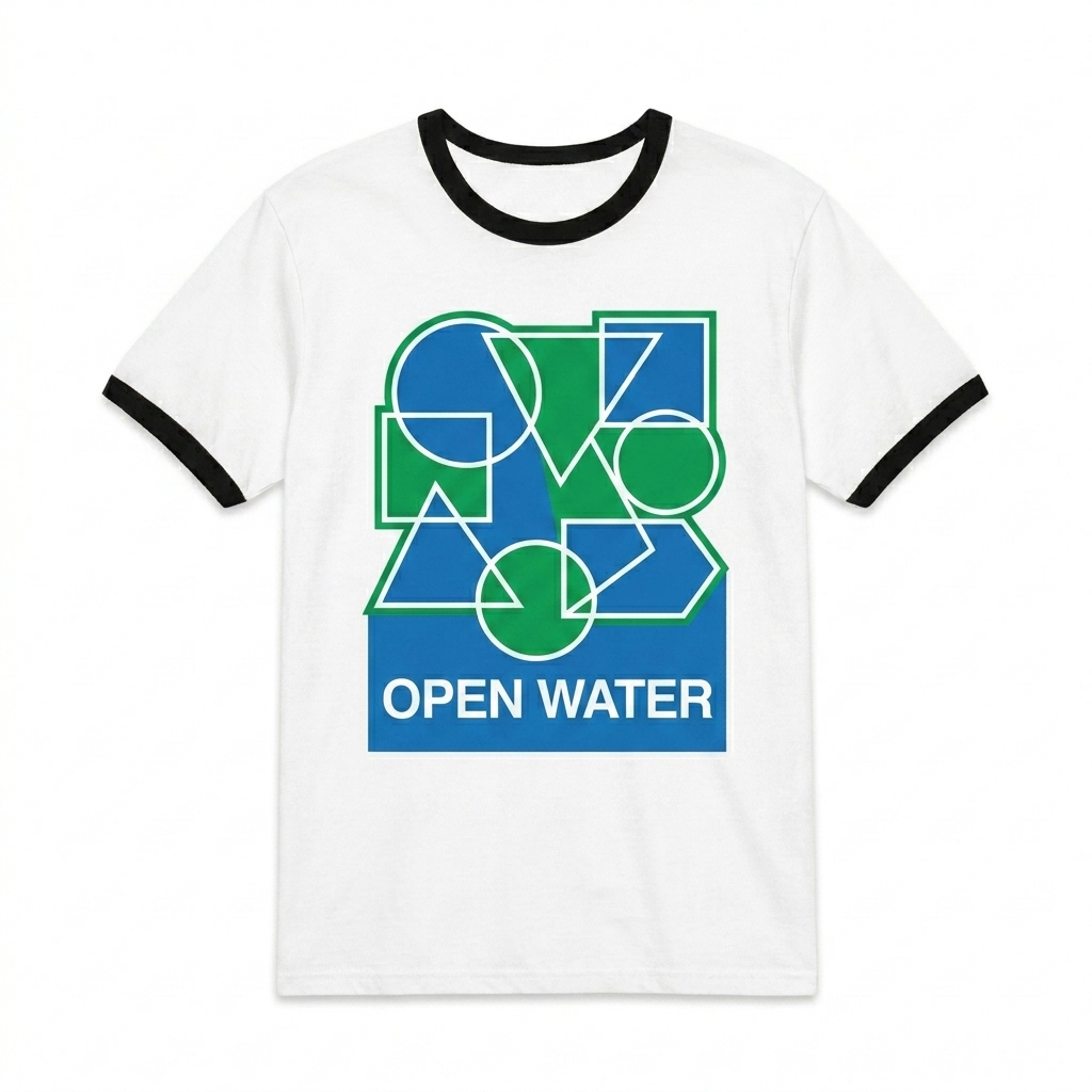 Custom Unisex Ringer T-Shirt design direction 2: Bold Abstract Graphic featuring the OPEN WATER wordmark