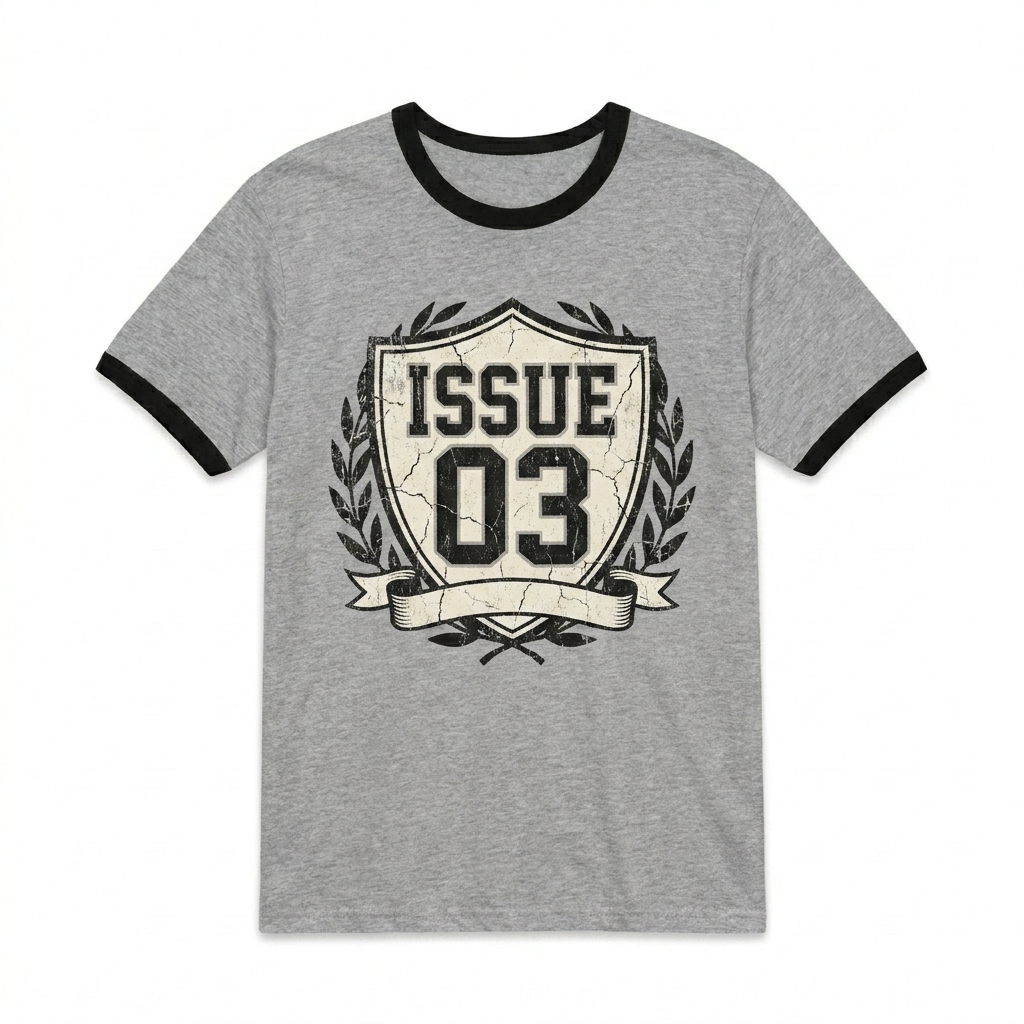 Custom Unisex Ringer T-Shirt design direction 3: Retro Collegiate Emblem featuring the ISSUE 03 wordmark