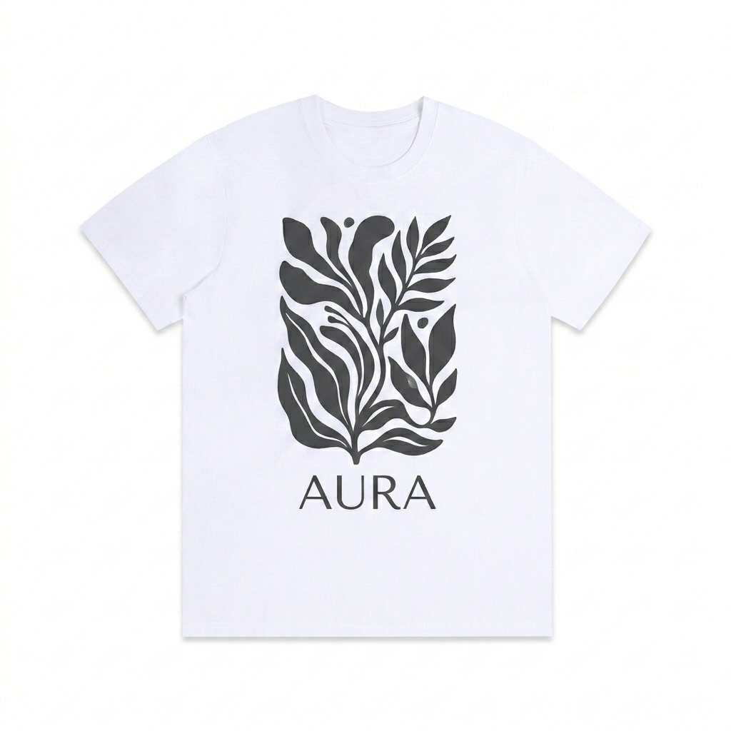 Custom Unisex Seamless Cotton T-Shirt design direction 2: Bold Abstract Graphic featuring the AURA wordmark