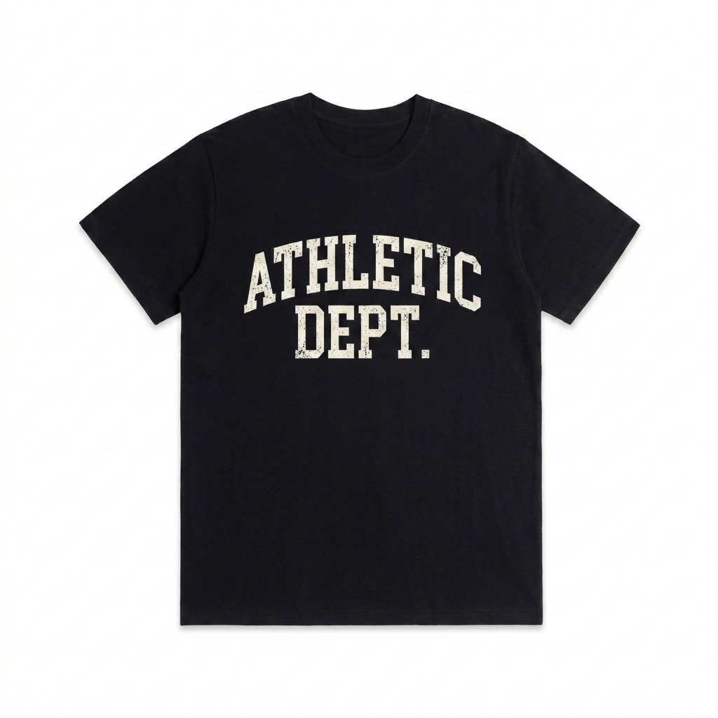Custom Unisex Seamless Cotton T-Shirt design direction 3: Retro Collegiate Emblem featuring the ATHLETIC DEPT. wordmark
