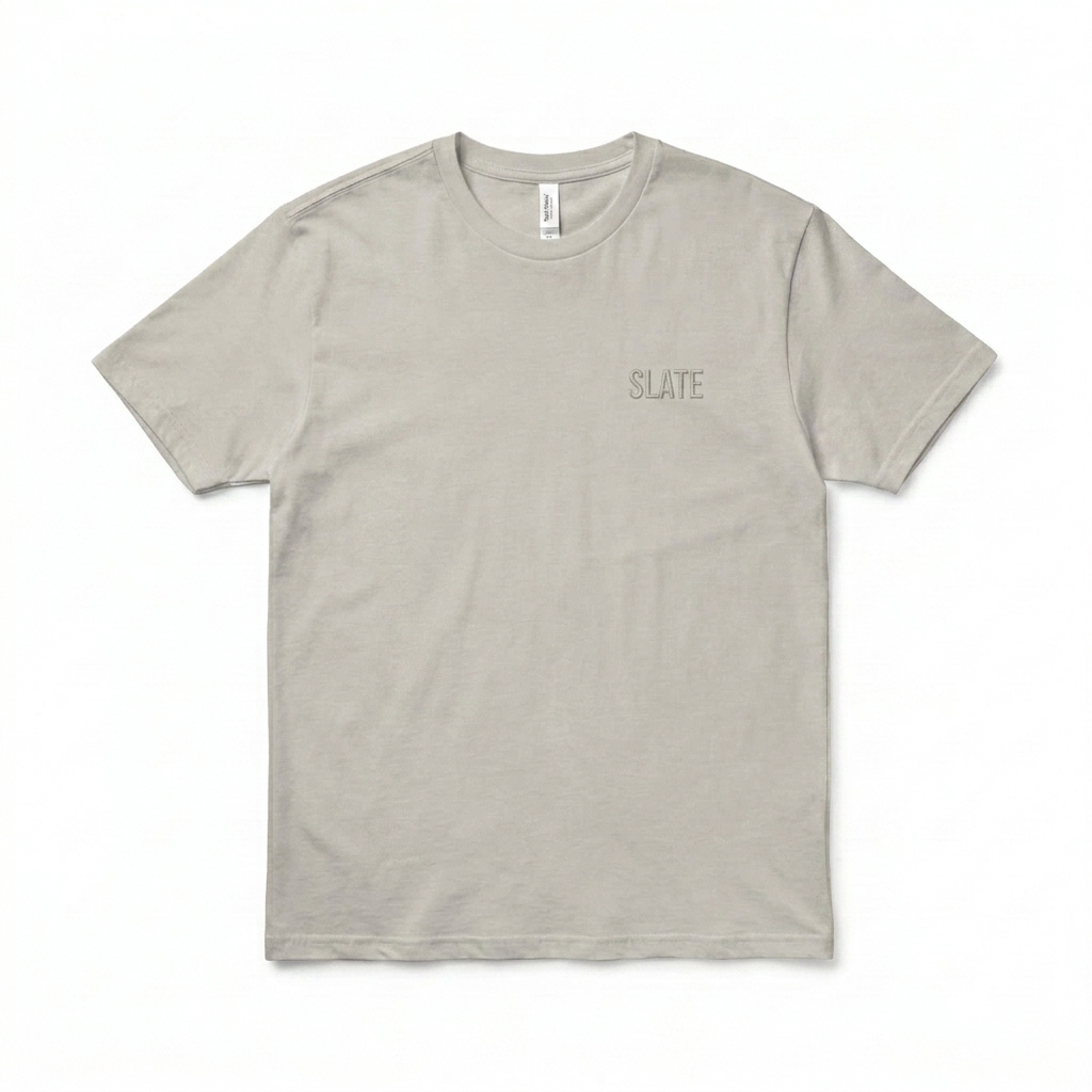 Custom Unisex Soft Blend T-Shirt design direction 1: Tonal Minimalist Wordmark featuring the SLATE wordmark