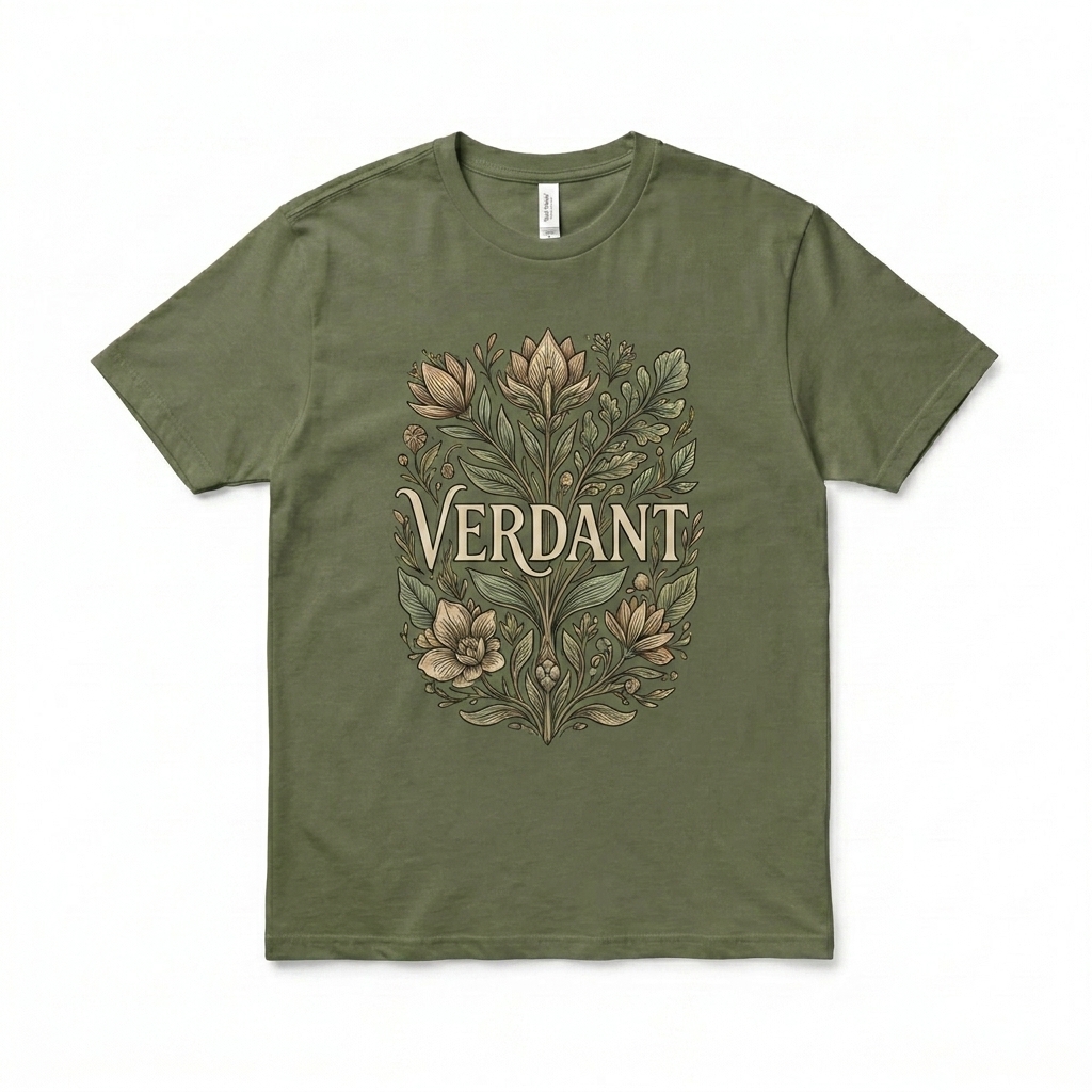 Custom Unisex Soft Blend T-Shirt design direction 2: Botanical Illustration featuring the VERDANT wordmark