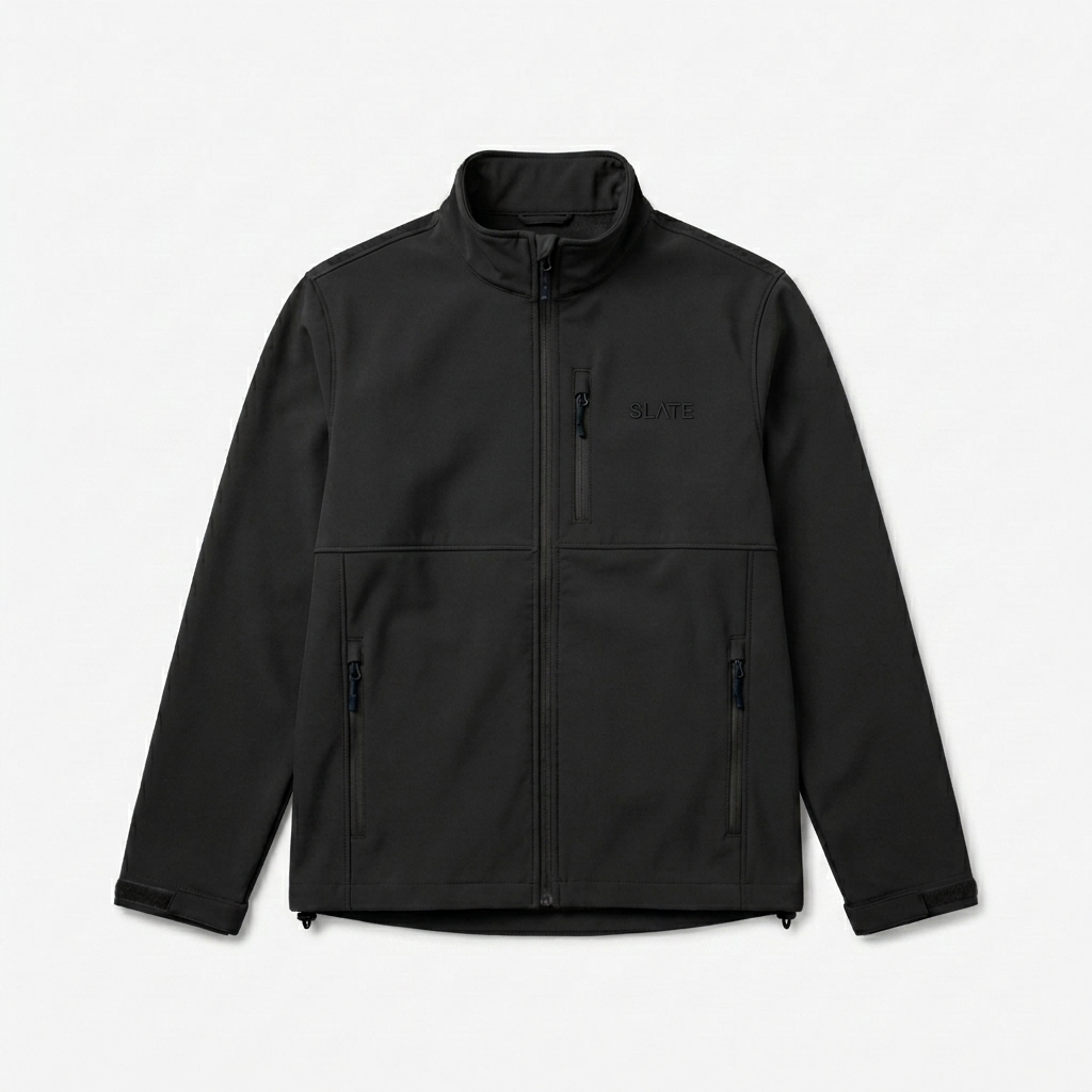 Custom Unisex Soft Shell Jacket design direction 1: Tonal Minimalist Wordmark featuring the SLATE wordmark