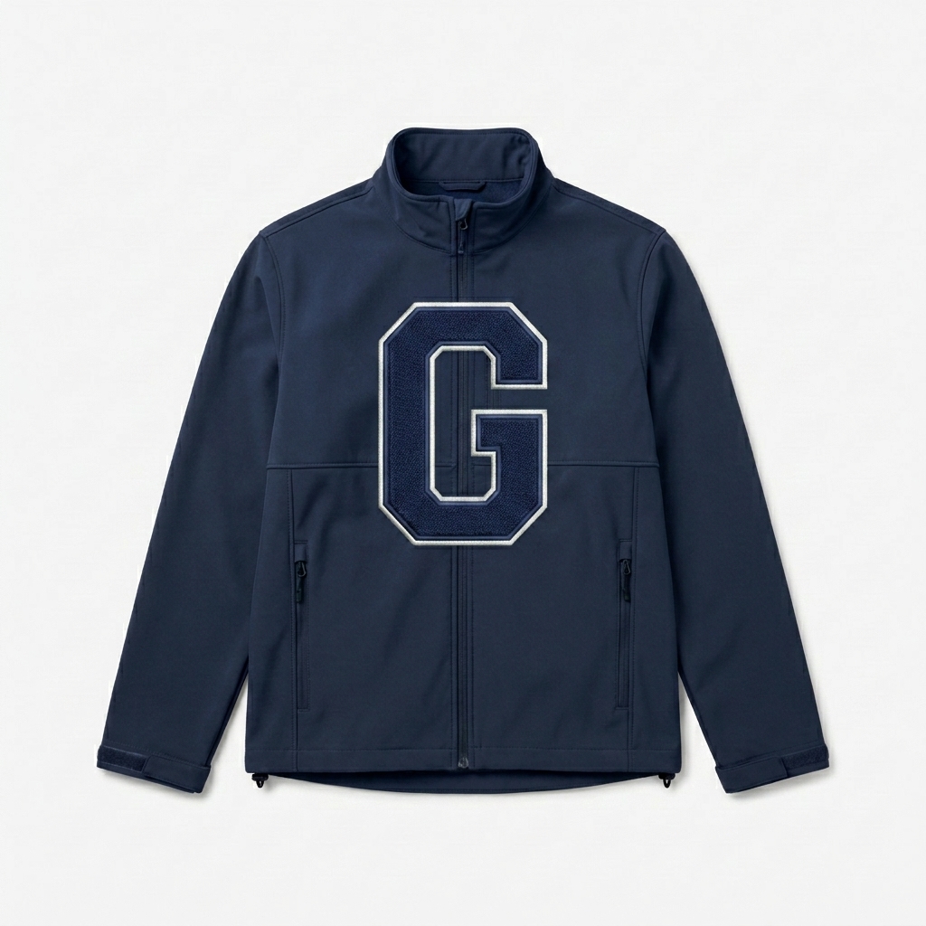 Custom Unisex Soft Shell Jacket design direction 2: Retro Collegiate Emblem featuring the OFF GRID wordmark
