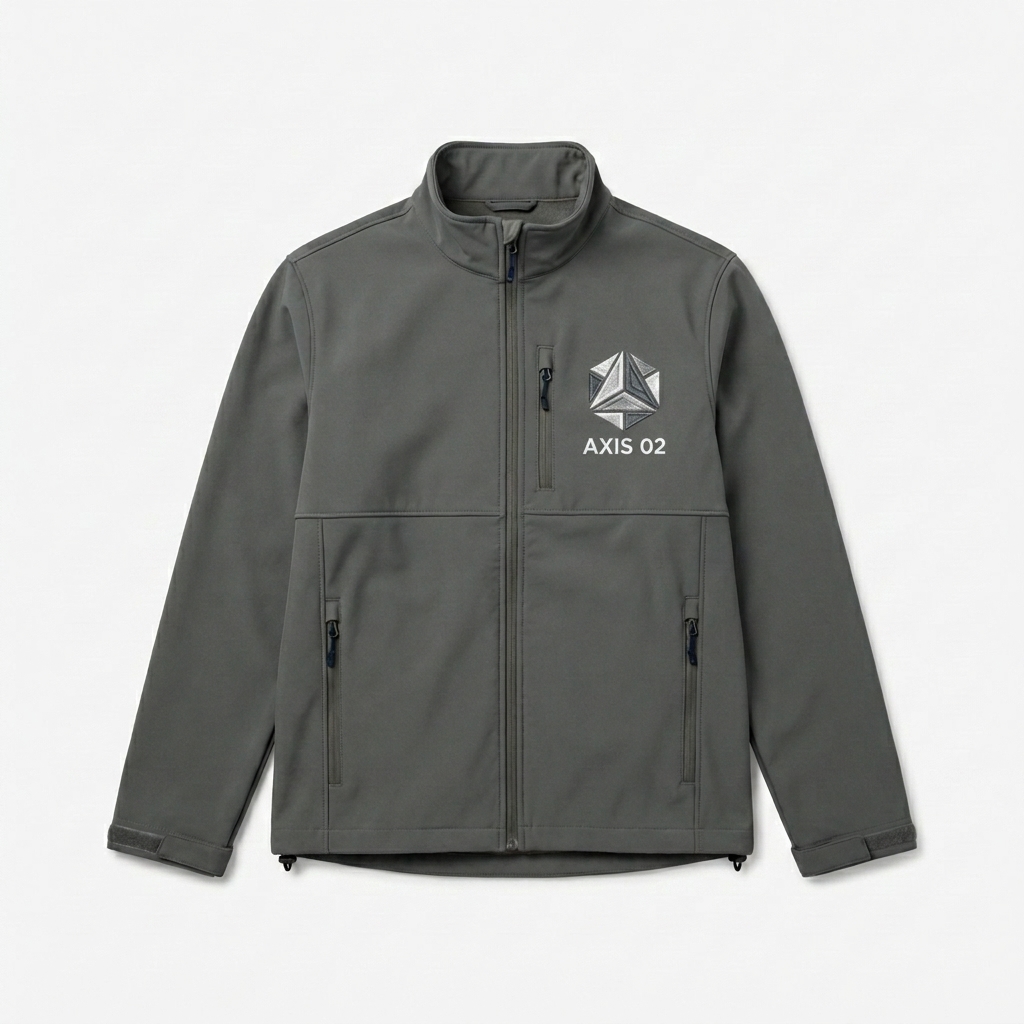Custom Unisex Soft Shell Jacket design direction 3: Geometric Crest featuring the AXIS 02 wordmark