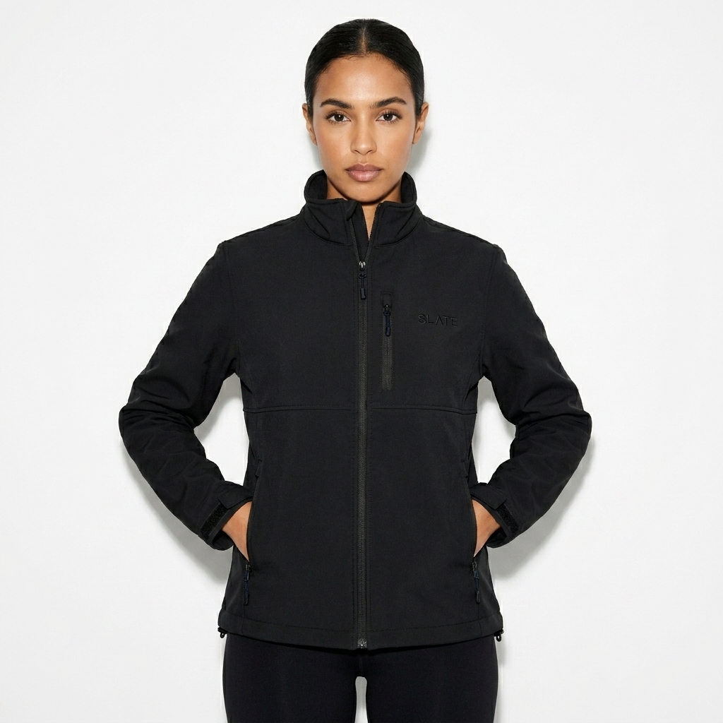 Unisex Soft Shell Jacket worn by a petite North African female fashion influencer, techwear modern styling, studio lookbook — custom unisex soft shell jacket