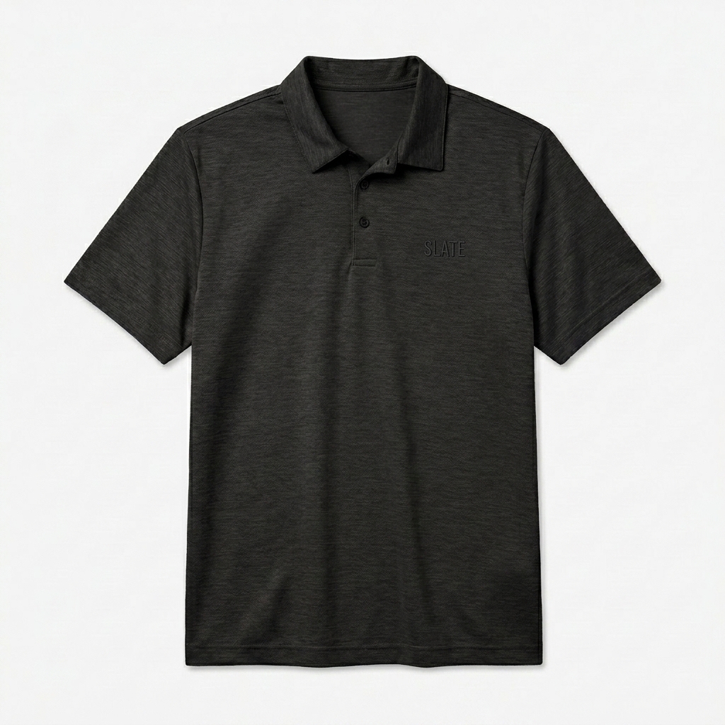 Custom Unisex Space-Dyed Polo Shirt design direction 1: Subtle Tonal Branding featuring the SLATE wordmark