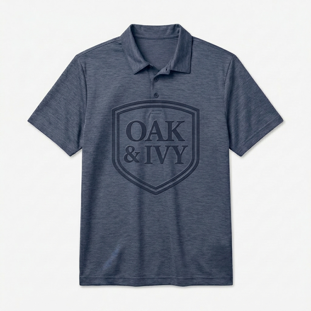 Custom Unisex Space-Dyed Polo Shirt design direction 2: Varsity Emblem featuring the OAK & IVY wordmark
