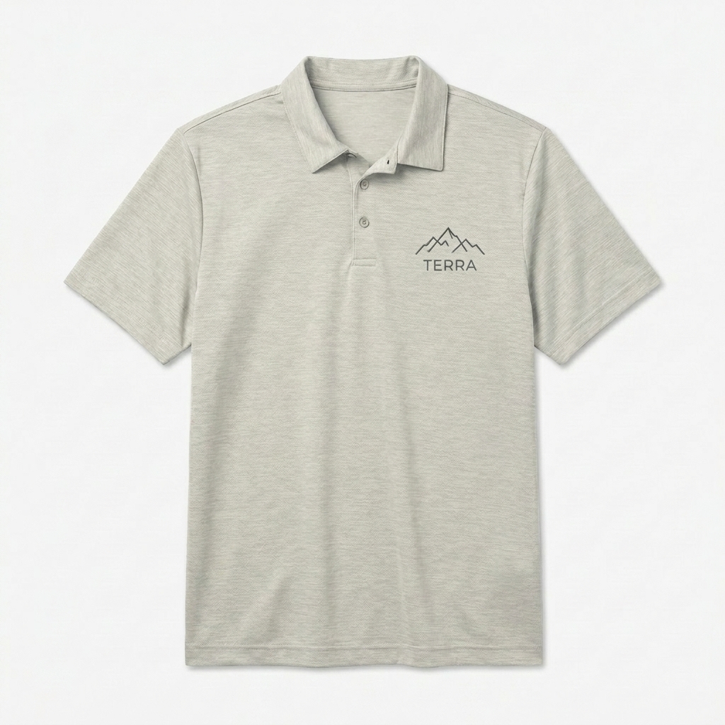 Custom Unisex Space-Dyed Polo Shirt design direction 3: Abstract Horizon featuring the TERRA wordmark