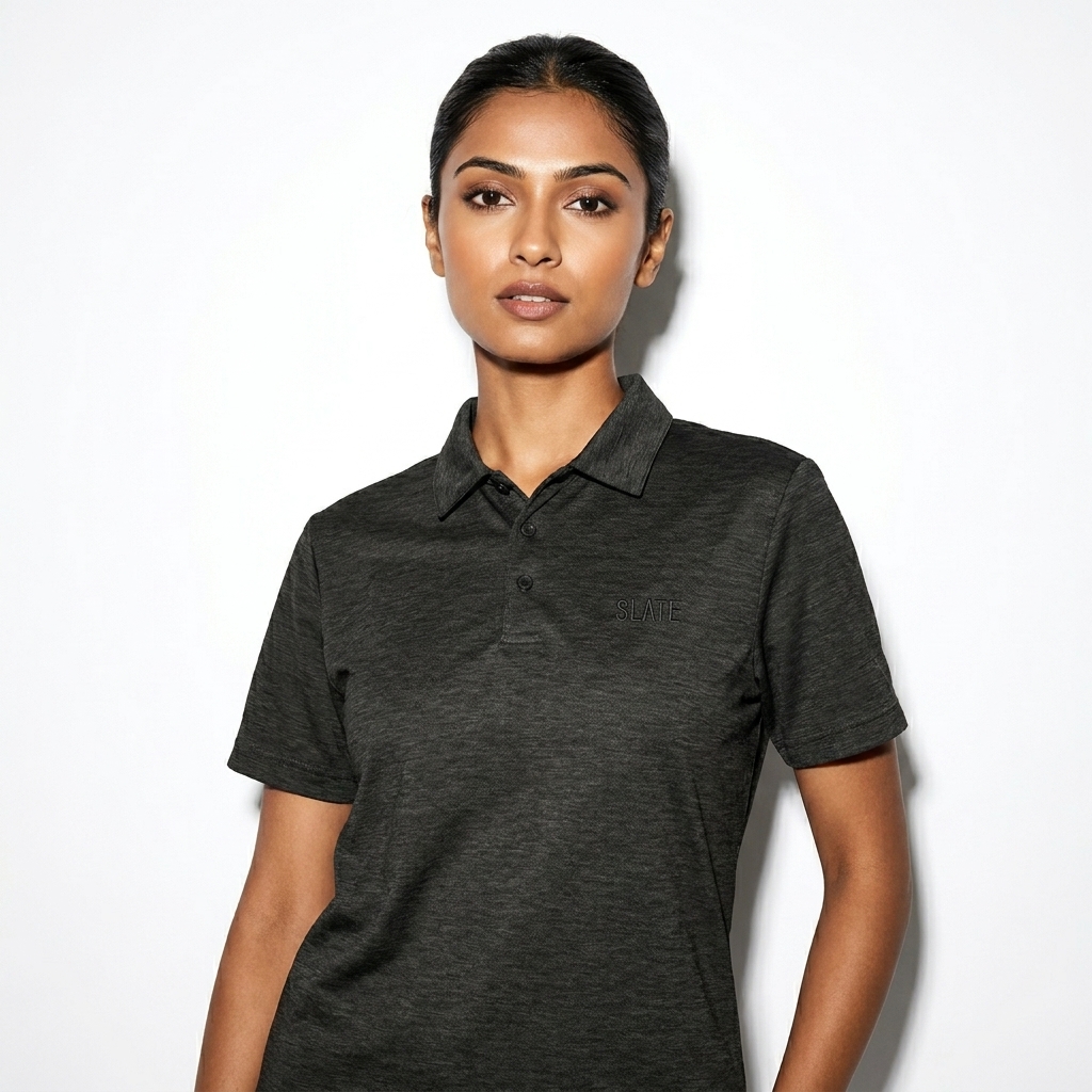 Unisex Space-Dyed Polo Shirt worn by a petite Indian female fashion influencer, preppy ivy styling, studio lookbook — custom unisex space-dyed polo shirt