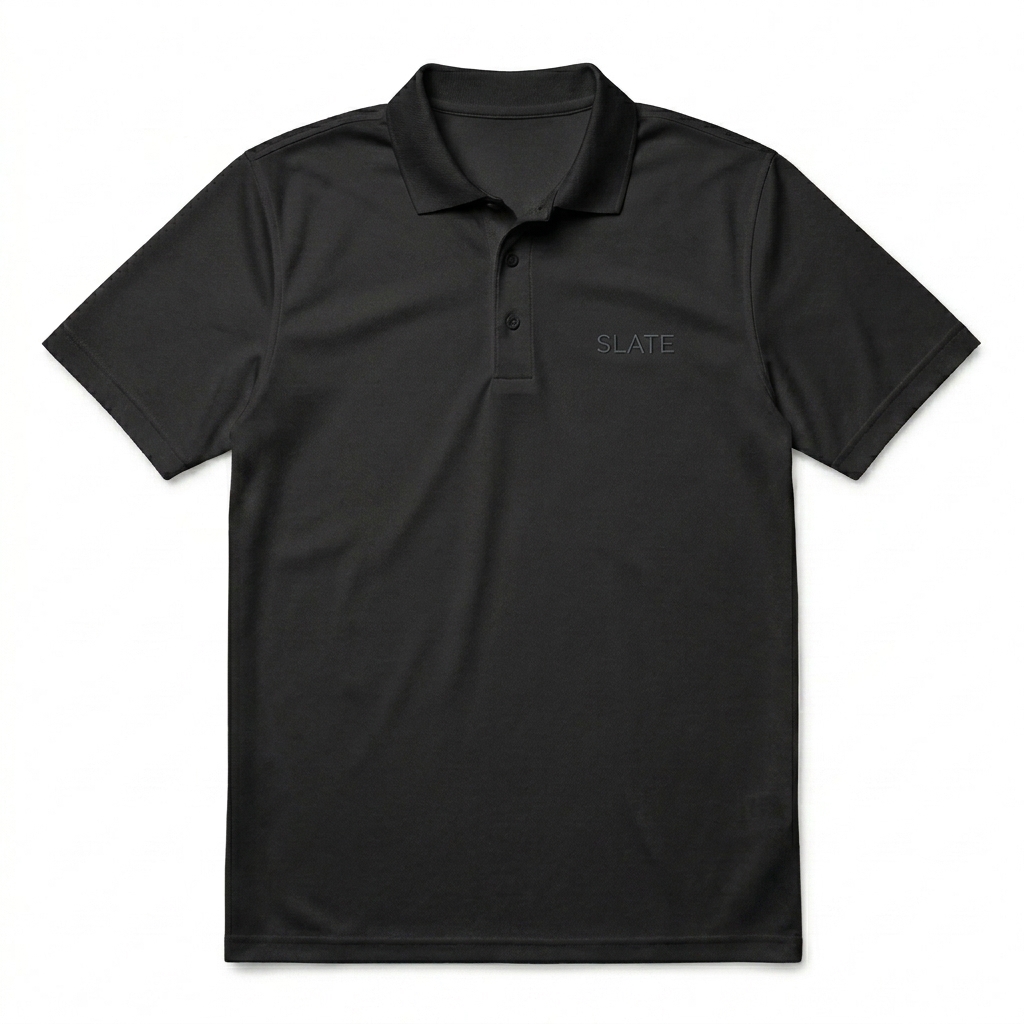 Custom Unisex Sport Polo Shirt design direction 1: Tonal Minimalist Wordmark featuring the SLATE wordmark