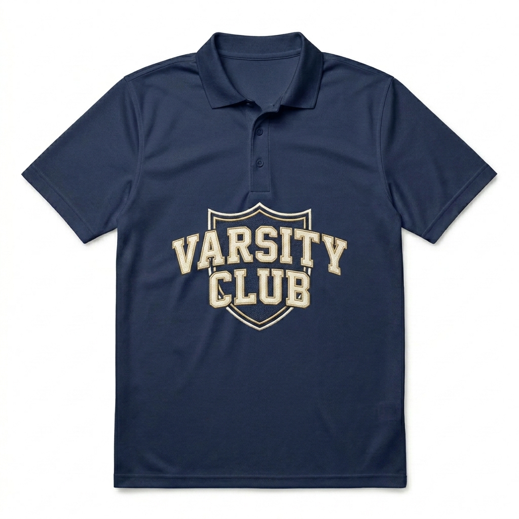 Custom Unisex Sport Polo Shirt design direction 2: Retro Collegiate Emblem featuring the VARSITY CLUB wordmark