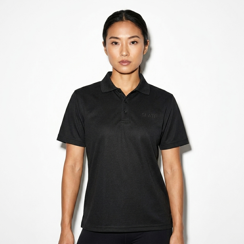 Unisex Sport Polo Shirt worn by a toned Chinese female fashion influencer, sporty athleisure styling, studio lookbook — custom unisex sport polo shirt