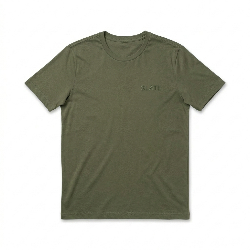 Custom Unisex Staple T-Shirt design direction 1: Tonal Minimalist Wordmark featuring the SLATE wordmark