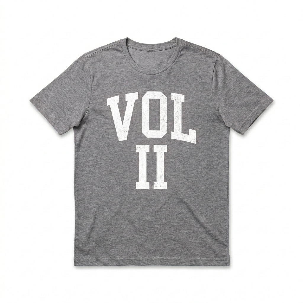 Custom Unisex Staple T-Shirt design direction 3: Retro Collegiate Typography featuring the VOL II wordmark