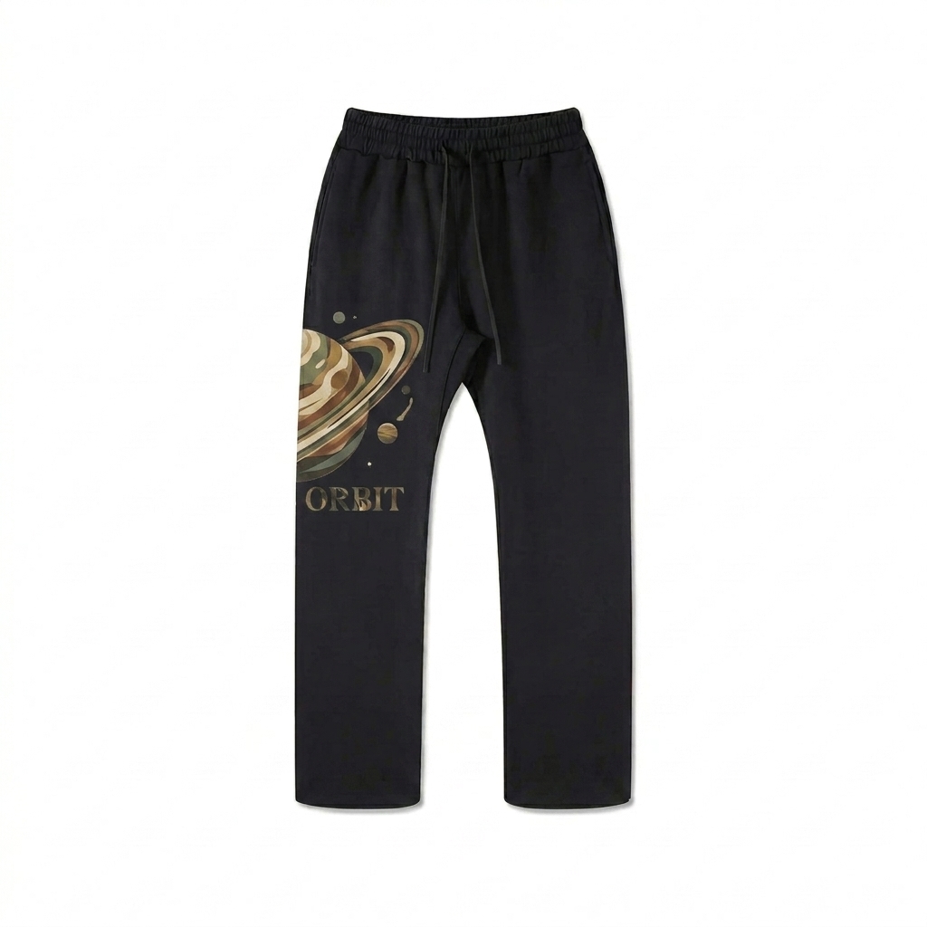 Custom Unisex Straight Leg Pants design direction 2: Bold Abstract Graphic featuring the ORBIT wordmark