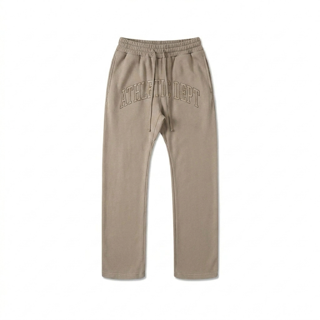 Custom Unisex Straight Leg Pants design direction 3: Retro Collegiate Emblem featuring the ATHLETIC DEPT wordmark