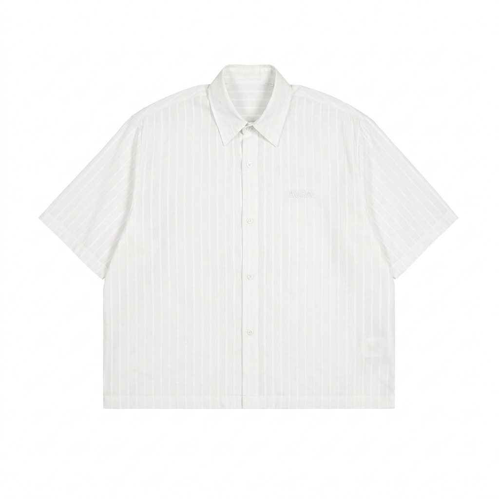 Custom Unisex Striped Boxy Button-Up Shirt design direction 1: Tonal Left Chest Wordmark featuring the AURA wordmark