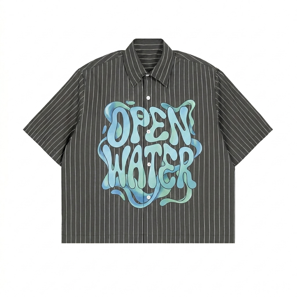 Custom Unisex Striped Boxy Button-Up Shirt design direction 2: Abstract Graphic Print featuring the OPEN WATER wordmark