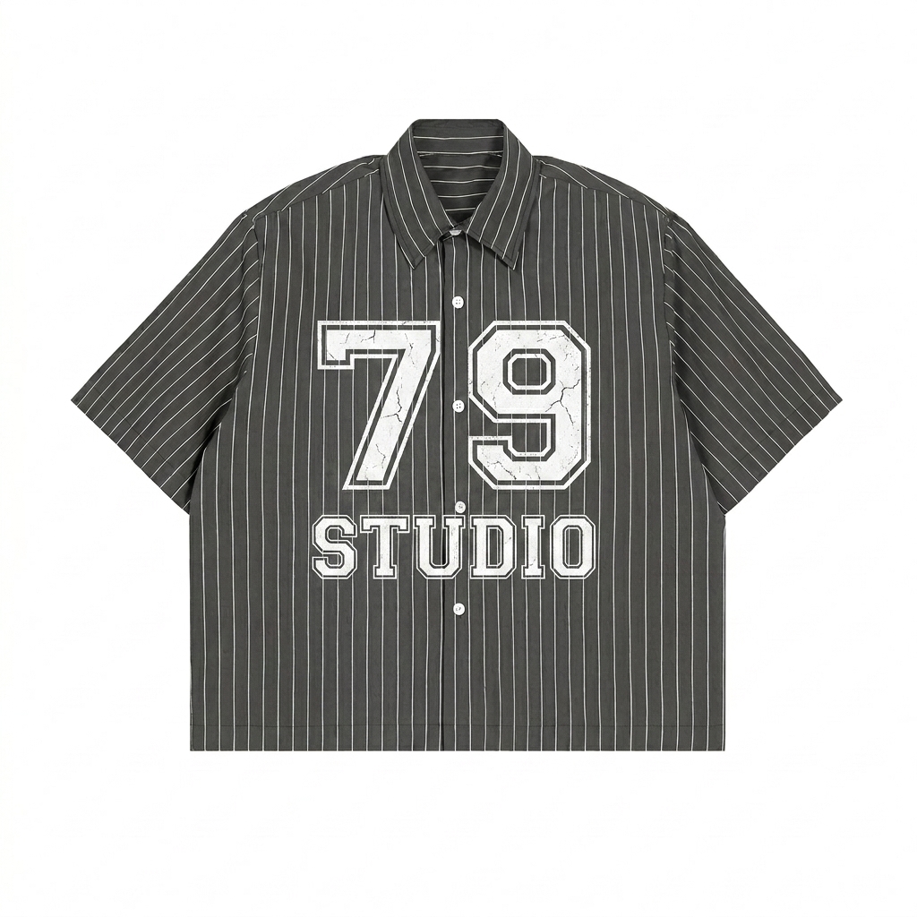 Custom Unisex Striped Boxy Button-Up Shirt design direction 3: Collegiate-Inspired Emblem featuring the STUDIO 79 wordmark