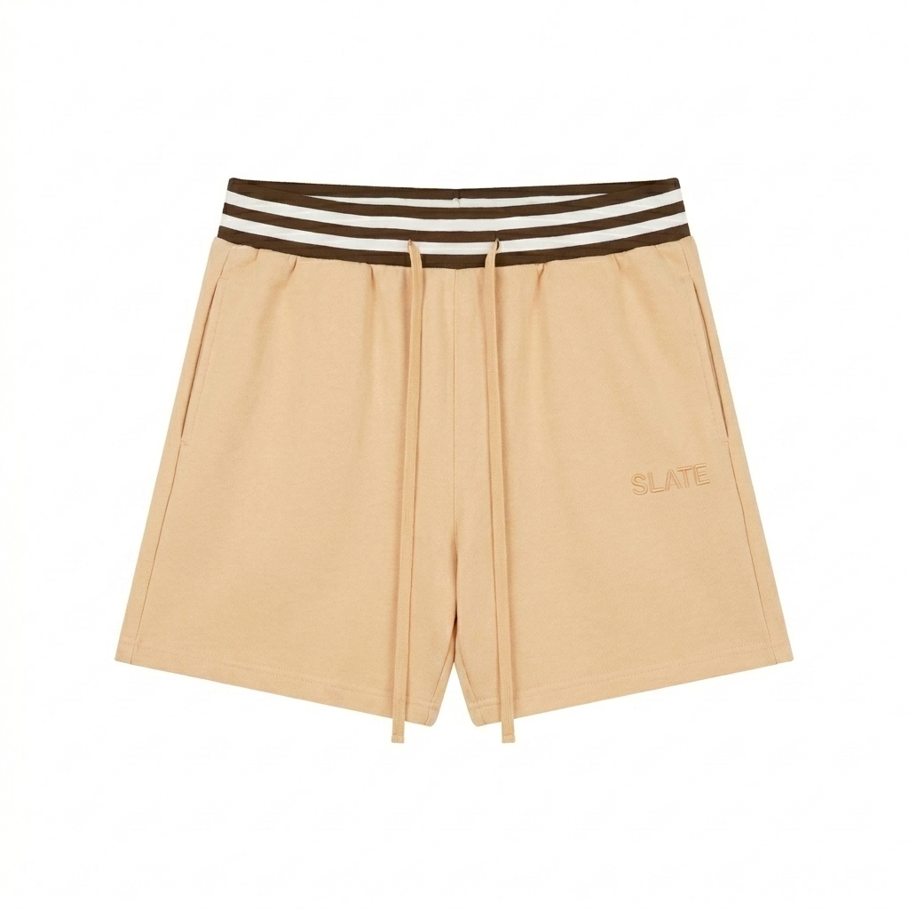 Custom Unisex Striped Drawstring Shorts design direction 1: Subtle Tonal Wordmark featuring the SLATE wordmark