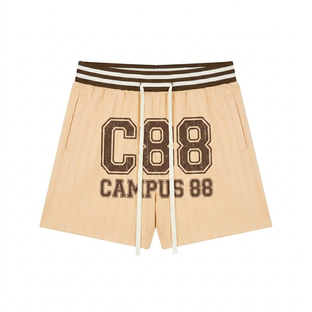 Custom Unisex Striped Drawstring Shorts design direction 2: Vintage Collegiate Emblem featuring the CAMPUS 88 wordmark