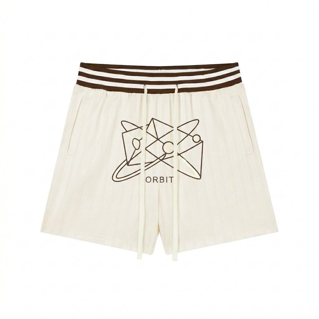 Custom Unisex Striped Drawstring Shorts design direction 3: Abstract Line Art featuring the ORBIT wordmark