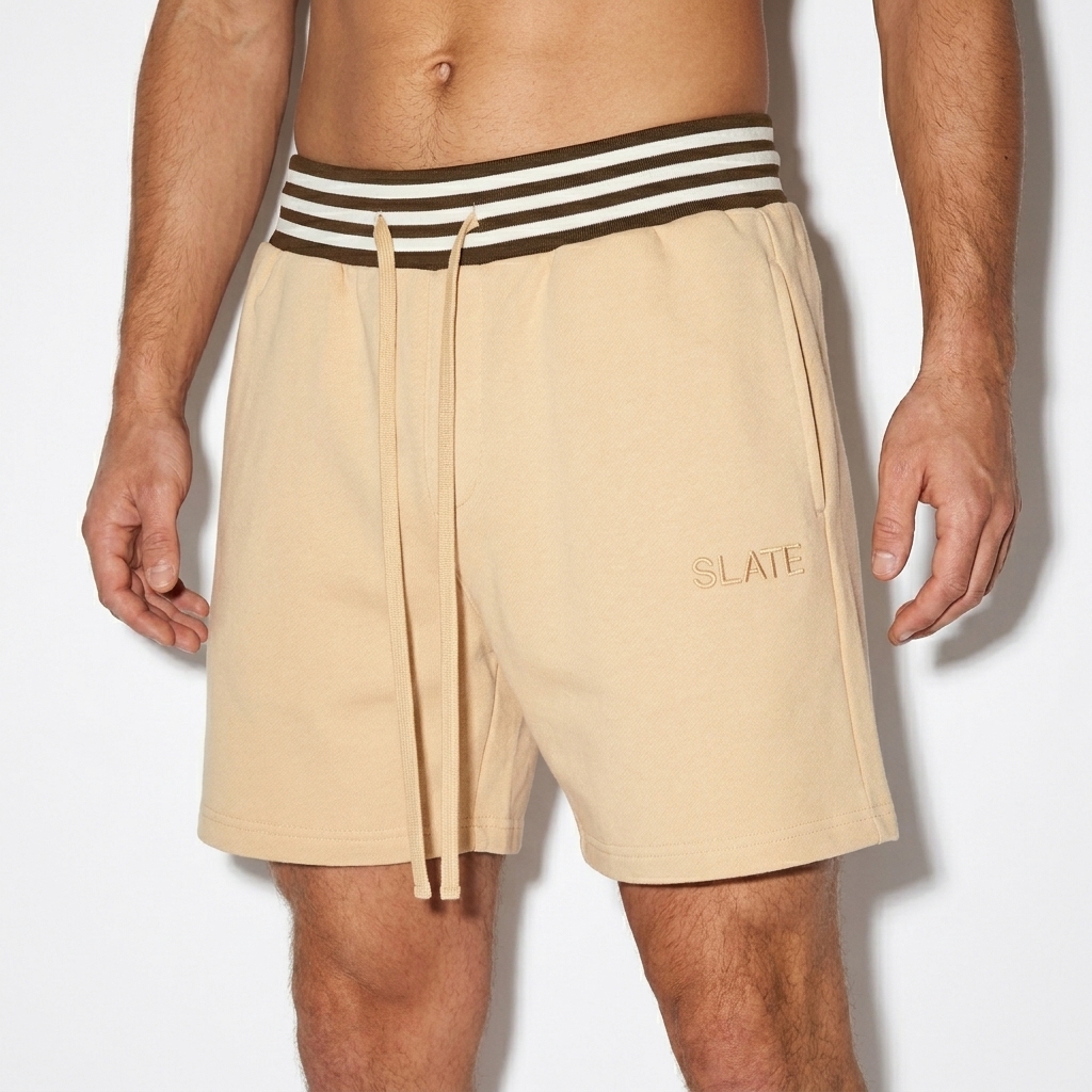 Unisex Striped Drawstring Shorts worn by a petite White European male fashion influencer, techwear modern styling, studio lookbook — custom unisex striped drawstring shorts