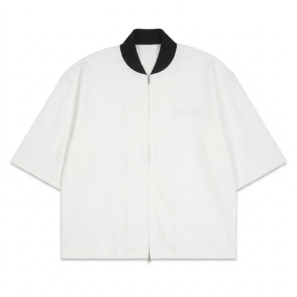 Custom Unisex Striped Full-Zip Baseball Jersey design direction 1: Tonal Minimalist Wordmark featuring the SLOW CLUB wordmark