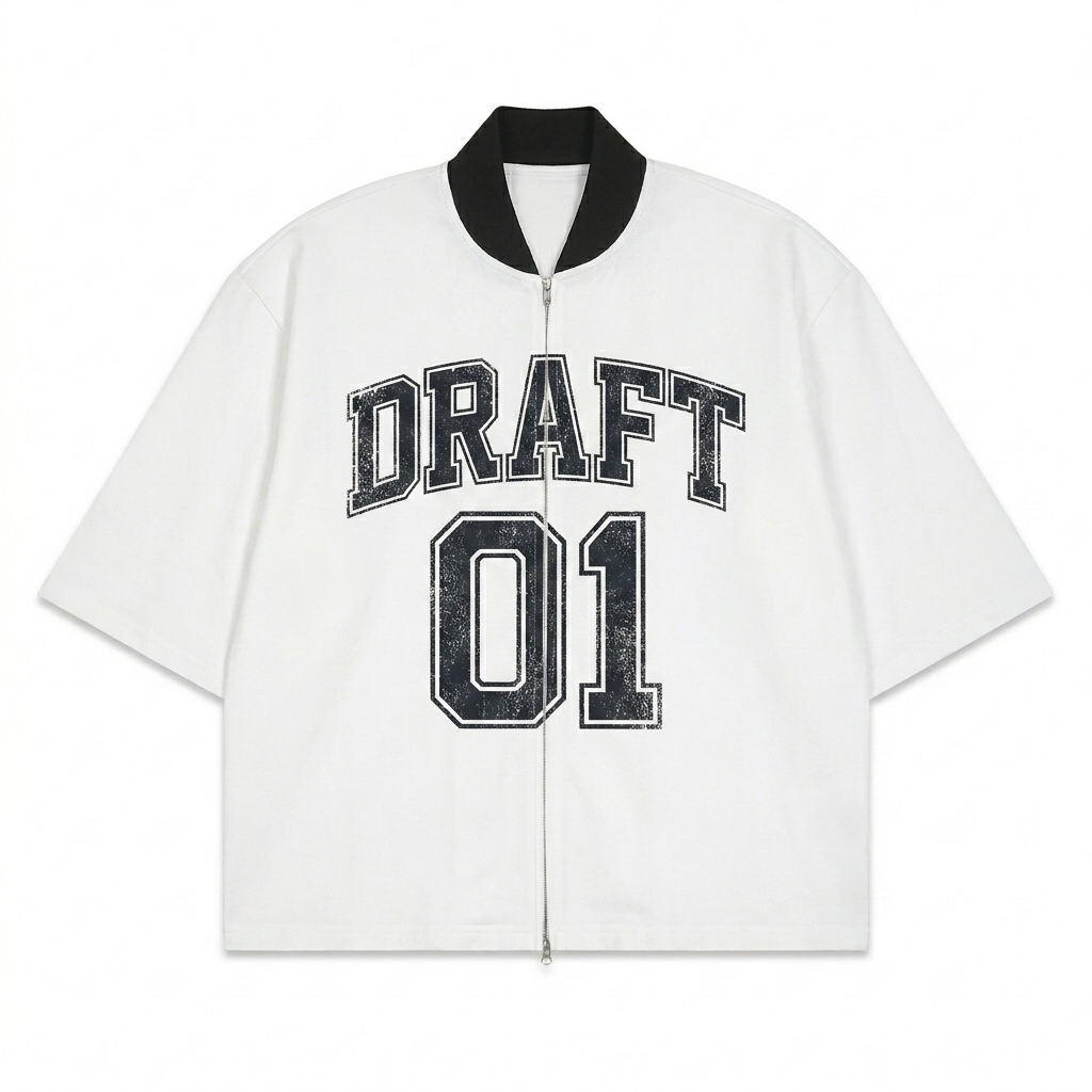 Custom Unisex Striped Full-Zip Baseball Jersey design direction 2: Retro Collegiate Emblem featuring the DRAFT 01 wordmark