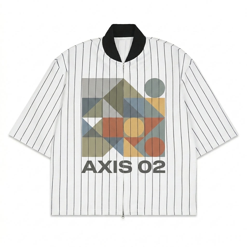 Custom Unisex Striped Full-Zip Baseball Jersey design direction 3: Abstract Geometric Graphic featuring the AXIS 02 wordmark
