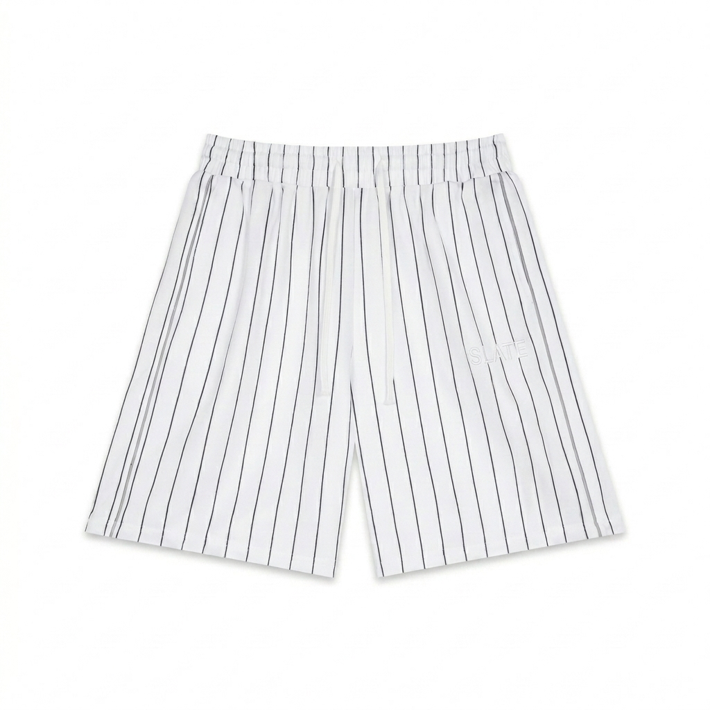 Custom Unisex Striped Loose Fit Shorts design direction 1: Tonal Minimalist Wordmark featuring the SLATE wordmark