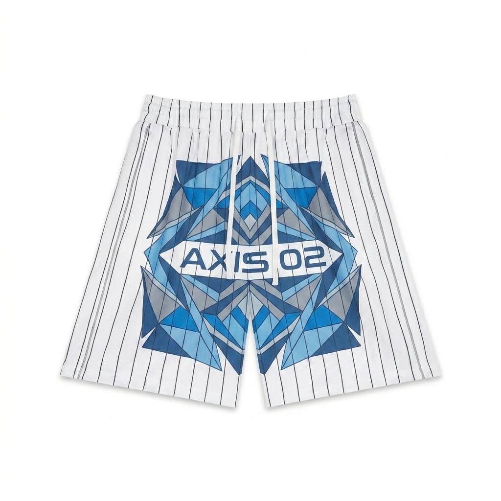 Custom Unisex Striped Loose Fit Shorts design direction 2: Abstract Geometric Graphic featuring the AXIS 02 wordmark